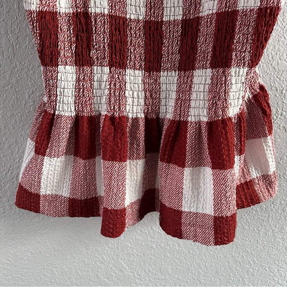 LOFT Burgundy Red & White Gingham Smocked Peplum Tank Top NWT Size L - Picture 3 of 9